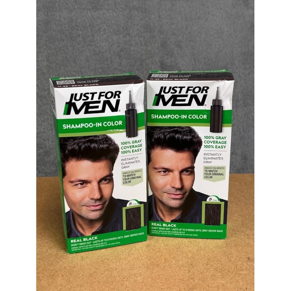Just For Men Shampoo-In Color Real Black H-55 Gray Coverage 2 Boxes New